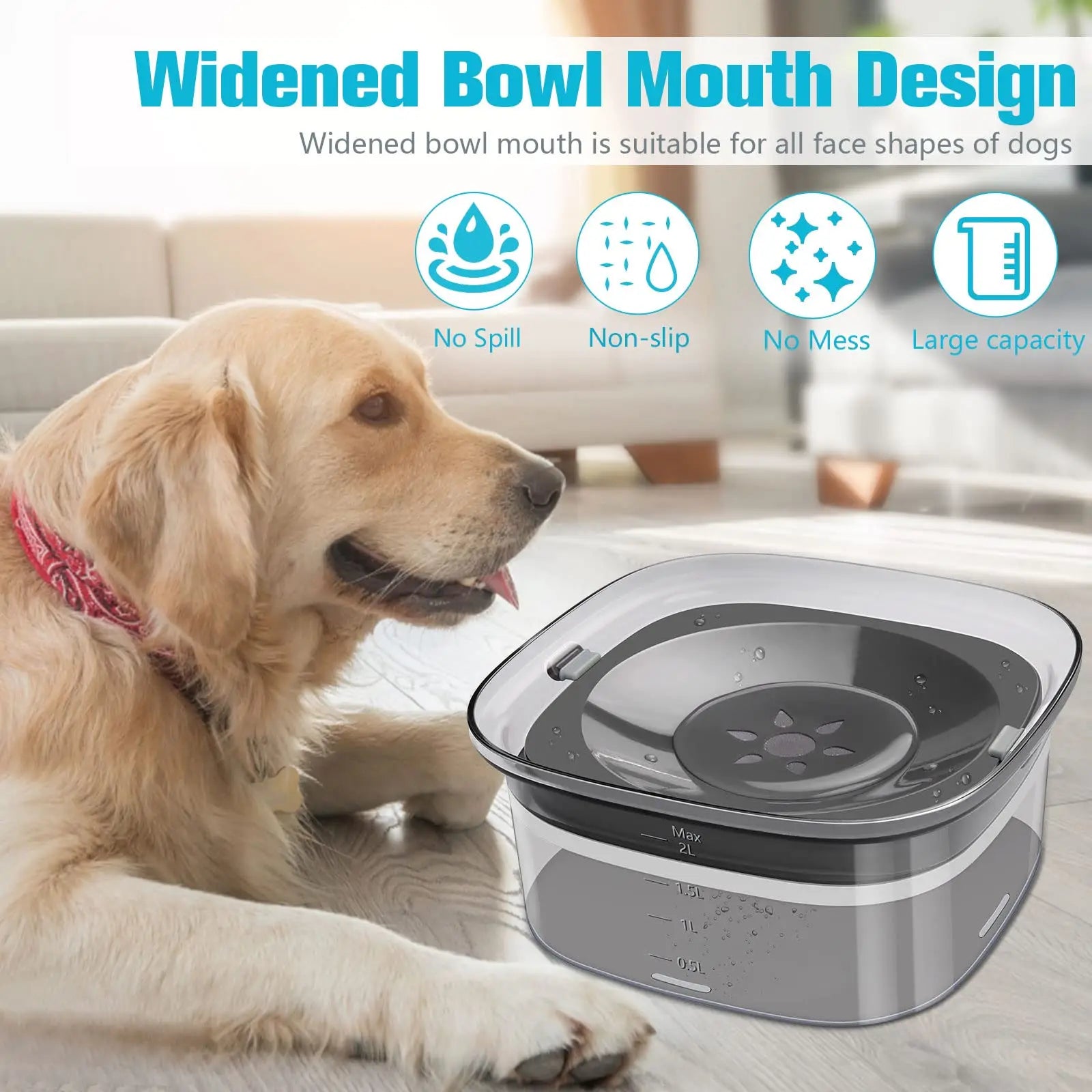 Dog Water Bowl 2L Anti-Spill&Anti-Slip